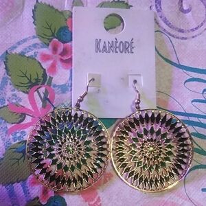 Gold and Black Floral Earrings